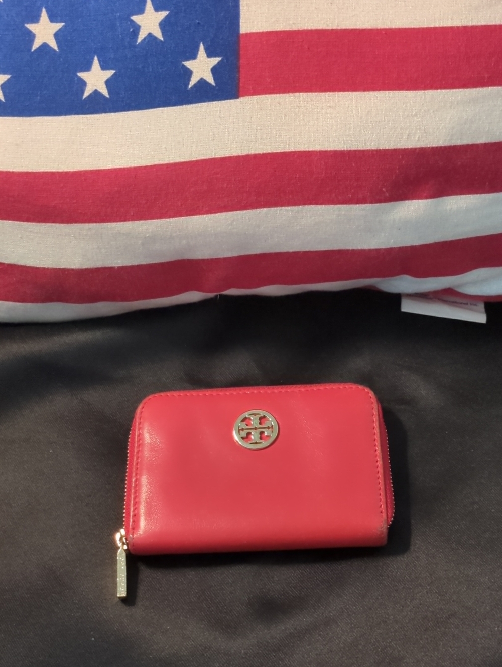 Tory Burch Coral Pink Leather Zip-around Mini Wallet with Gold Logo $50